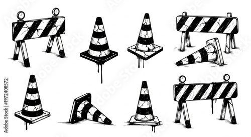 Urban Graffiti Traffic Cone and Road Barrier Vector Illustration Sheet in Black Ink Grunge Punk Street Art Style