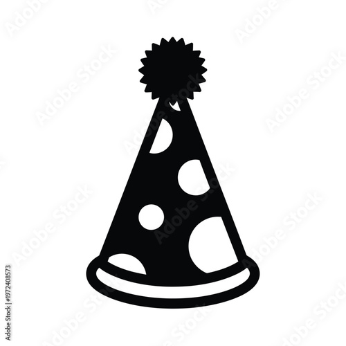 A simple black silhouette depicts a classic party hat with polka dots and a pom pom top