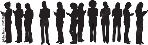 Stylized vector of a man in cap, a standing figure, and a reclining woman, all in black silhouette, minimalist design, isolated graphic elements.