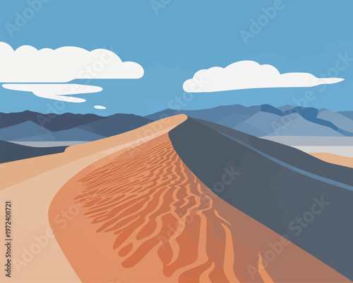 Sand dunes stretch across the desert landscape under a blue sky with clouds in the background during daylight hours
