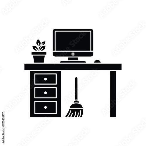 A minimalist black silhouette depicts a tidy workspace with a computer plant and cleaning tools high quality