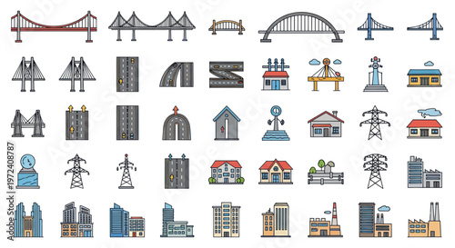 Collection of Bridges, Buildings, Power Lines and Cityscapes Vector Icons
