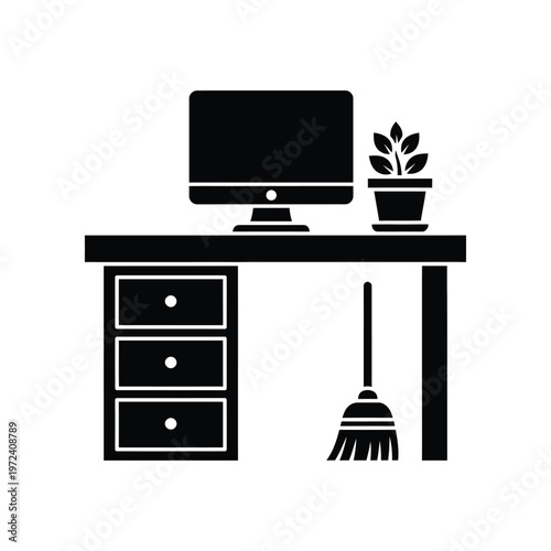 A simple black silhouette depicts a workstation with a computer plant and cleaning tools high quality professional