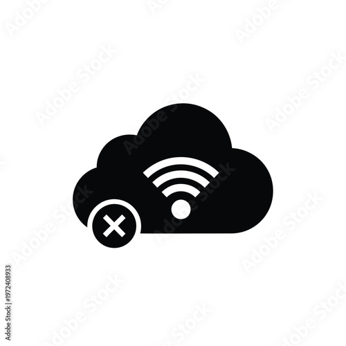 A black silhouette of a cloud with a wifi symbol and a red x indicating disconnection