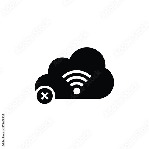 A black silhouette depicts a cloud with wifi signals and a cancellation mark indicating disconnection high quality