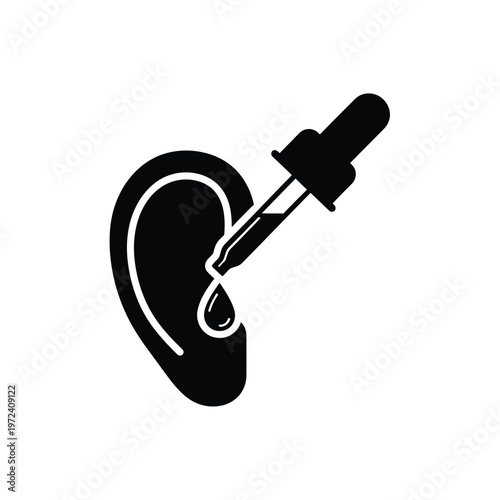 A stylized black silhouette depicts an ear with a dropper inserting liquid symbolizing hearing or medical testing
