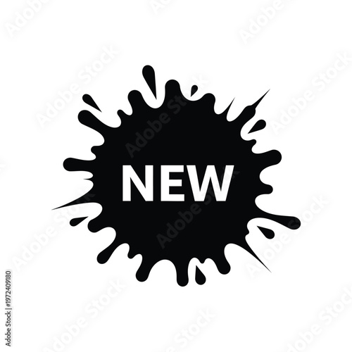 A striking black splash shape prominently displays the word new in bold white capital letters high quality