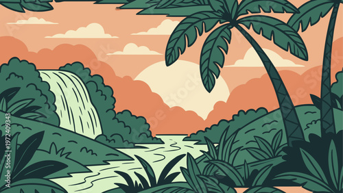 Tropical jungle landscape, palm trees, waterfall, green foliage, sunset