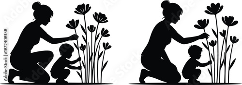 Mother and child gardening silhouette, family planting flowers illustration, nurturing nature concept, outdoor activity vector isolated, parenting lifestyle eco friendly scene