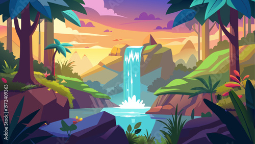 Vibrant tropical jungle landscape, colorful waterfall scene, exotic nature background, serene cartoon environment