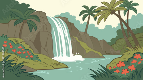 Tropical waterfall, lush jungle landscape, green palm trees, exotic paradise