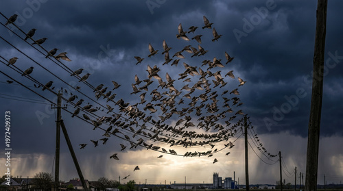 A flock of birds taking flight from wires against a stormy sky. wildlife magazines, conservation campaigns, designed for nature documentaries and education, used by curriculum designers.