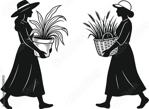 Silhouette women carrying plants and baskets, gardening lifestyle illustration, agricultural harvest concept, vintage rural scene vector isolated design for branding