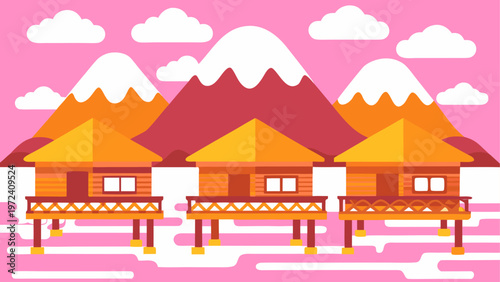 Colorful tropical huts, beachside bungalows, pink sand beach, cartoon landscape
