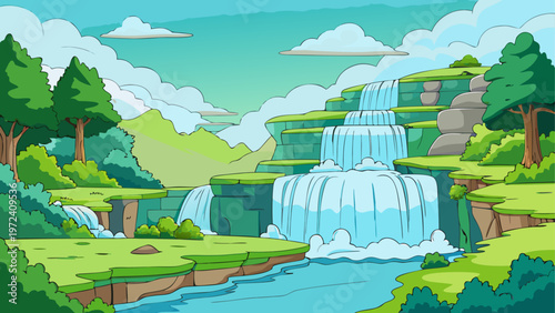 Waterfall landscape, cartoon scenery, green forest, blue river, natural scenery