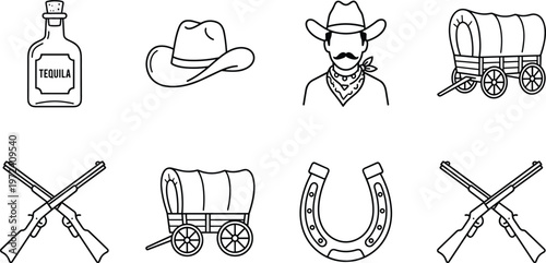 Western cowboy icon set, hat revolver wagon tequila bottle symbols, vintage wild west elements collection, outline vector design isolated for branding