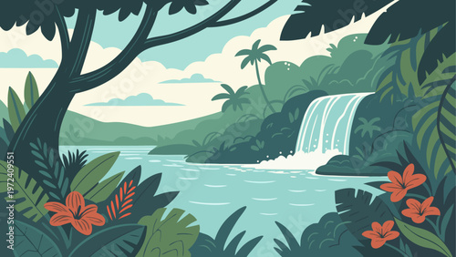 Tropical jungle landscape, waterfall, lush greenery, exotic plants, serene nature scenery