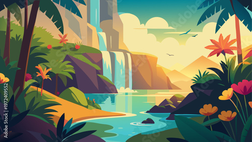 Tropical landscape, waterfall, jungle scenery, vector illustration, exotic paradise