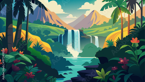 Tropical landscape, jungle scenery, waterfall paradise, vector illustration