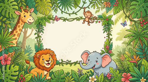 Vibrant jungle scene with lion, elephant, giraffe, and monkey in lush greenery frame