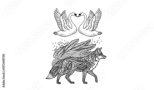 Vintage style adult coloring page with wild fox and flying swan birds in heart shape zentangle doodle illustration