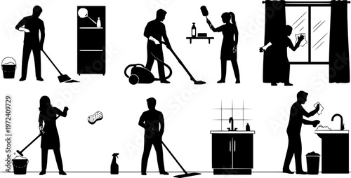 silhouette man and woman cleaning in house  - Vector Stock