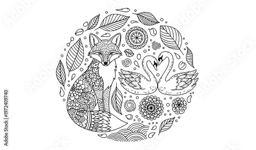 Zentangle animal coloring page with fox and romantic swan birds in circular doodle composition for relaxation art