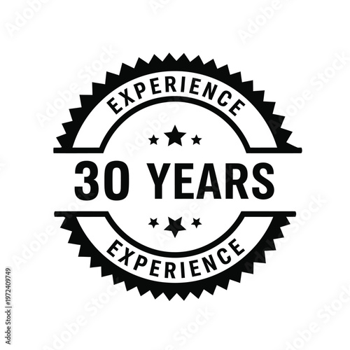 A black and white badge proclaims thirty years of experience with a starburst design and bold typography
