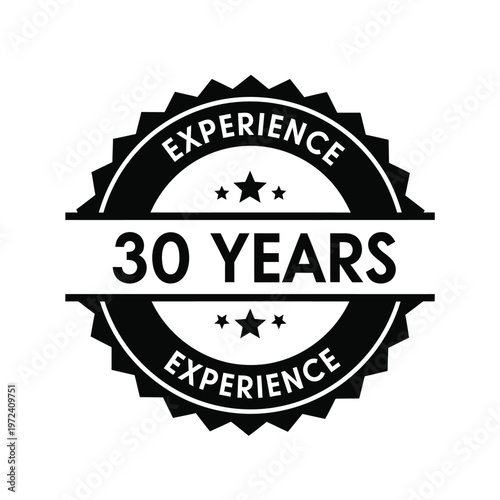 A black and white circular badge proclaiming thirty years of experience with star accents high quality professional