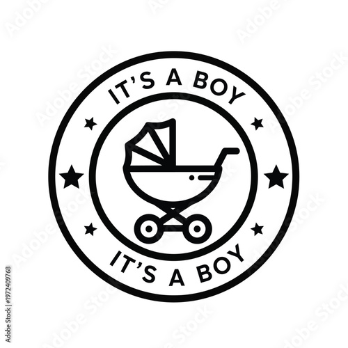 A circular black and white graphic announces it s a boy with a baby carriage illustration and stars high quality