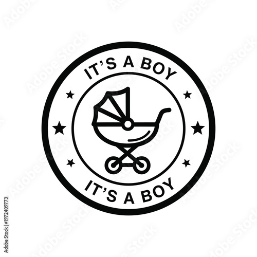 A circular black and white graphic announces it s a boy with a baby carriage illustration and stars high quality