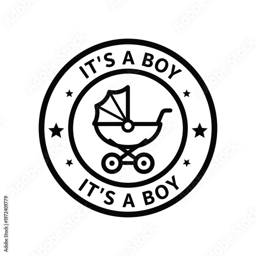 A circular black and white graphic announces the birth of a baby boy featuring a stroller illustration high quality