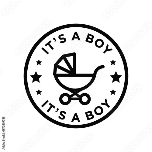 A circular black and white graphic announces it s a boy with a baby carriage illustration high quality professional detailed
