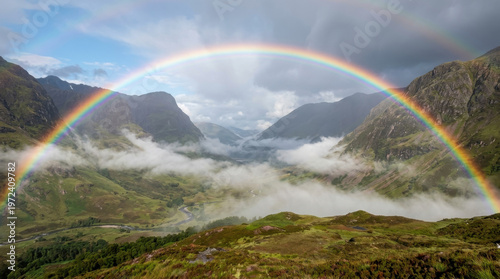 A vibrant rainbow arching over a misty valley after rainfall. travel magazines, destination branding, designed for outdoor magazines and nature guides, used by financial analysts.