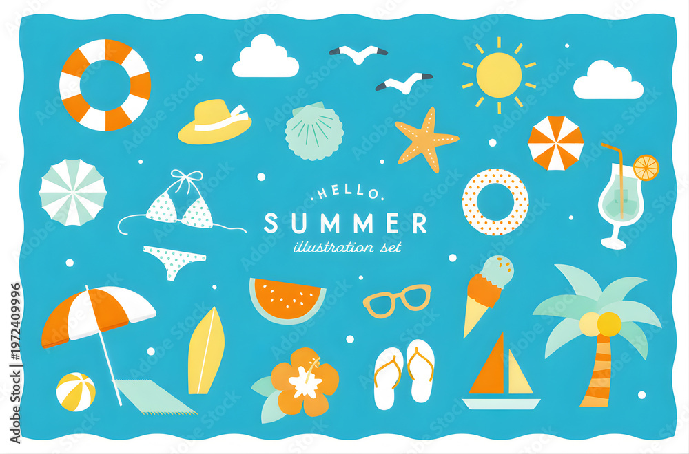 Fototapeta premium Hello Summer Illustration Set With Beach Icons, Palm Tree, Sun, and Vacation Elements