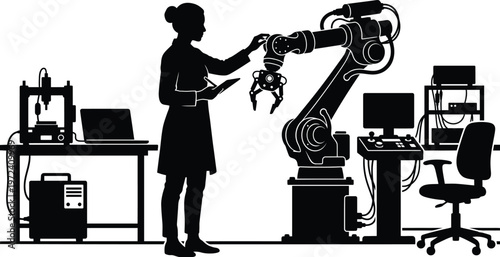Industrial Robot Arm and Female Scientist Silhouette Vector - Automation Lab Technology Design