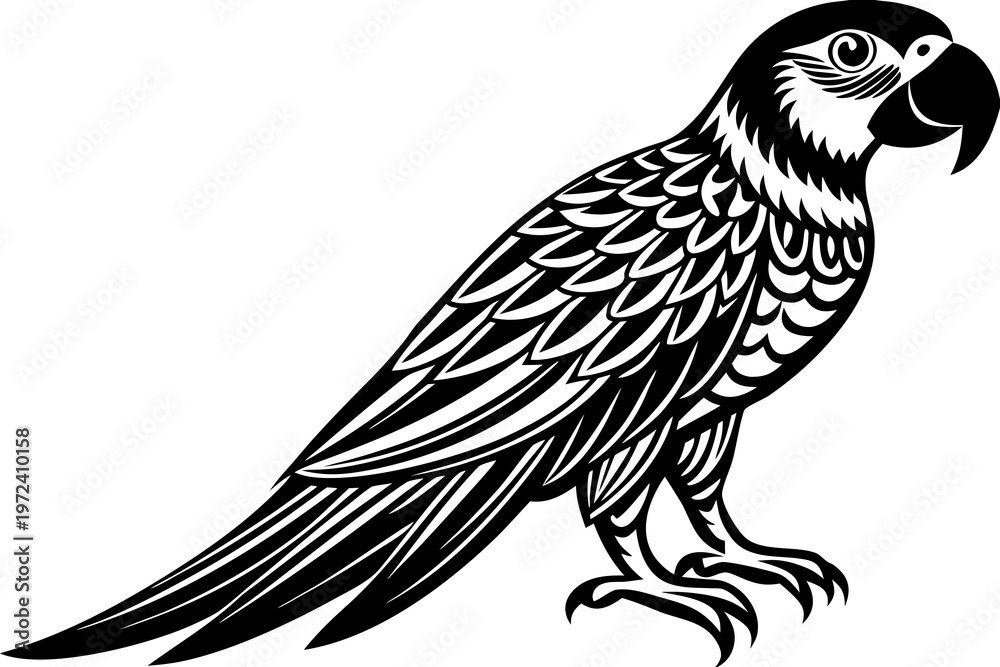 Obraz premium Parrot perched displaying feather pattern in line art illustration