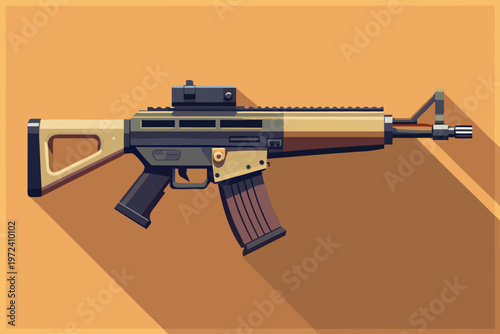 Assault rifle displayed with long shadow on orange backdrop