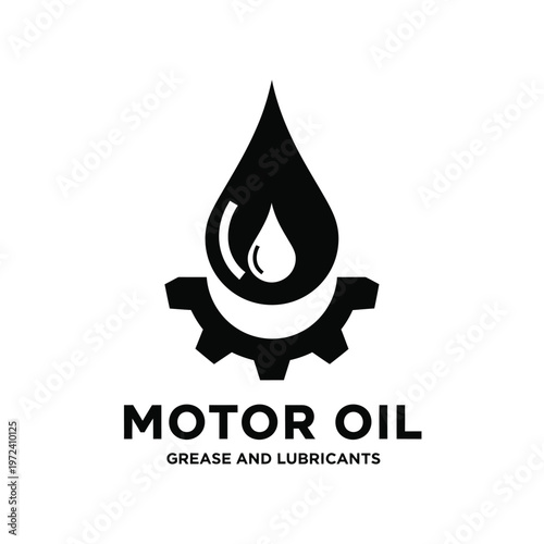 A stylized black logo features a droplet above a gear with text reading motor oil and grease lubricants