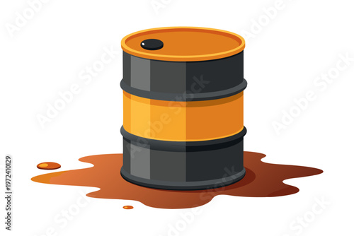 Oil barrel leaking viscous liquid on white studio background