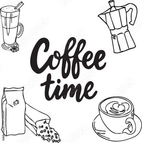 Hand-drawn vector lettering 'Coffee Time' surrounded by cozy coffee-themed illustrations including a moka pot, a latte glass with a cinnamon stick, a bag of roasted coffee beans