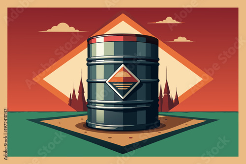 Crude oil barrel standing on geometric platform in dusk scene