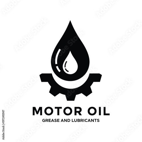A sleek black and white logo features a droplet atop a gear boldly proclaiming motor oil below high quality
