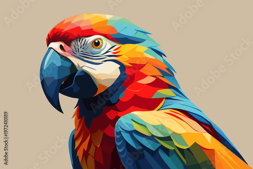 Macaw parrot perched showing colorful plumage on neutral background