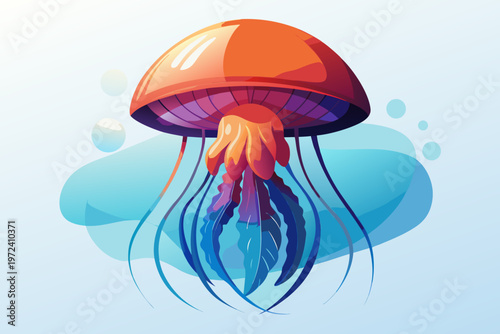 Jellyfish hovering with long tentacles over light background