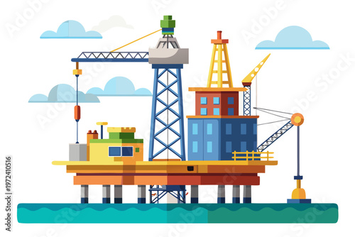 Oil production platform with cranes and support legs visible