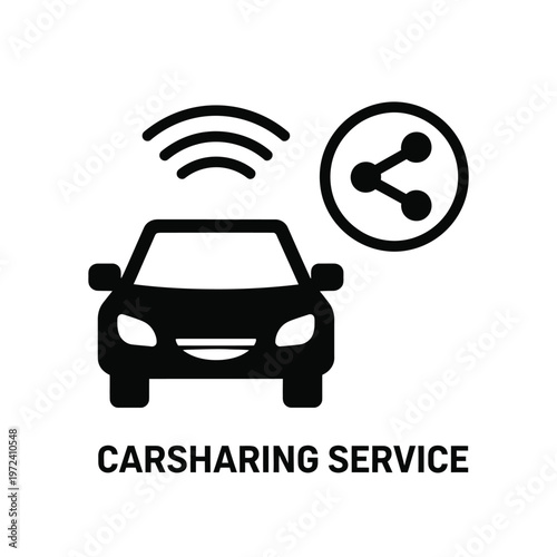 A black car with signal waves and a share icon above it represents a carsharing service