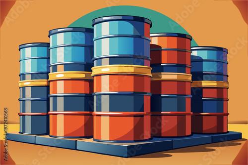 Colored metal drums arranged on pallet platform in depot