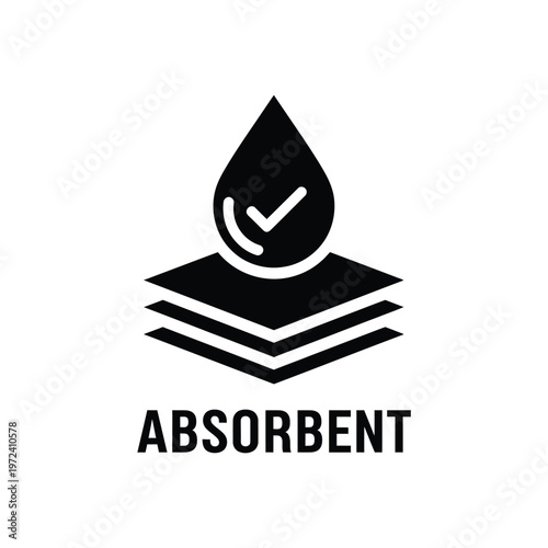 A black droplet icon with a checkmark rests on layered lines accompanied by the word absorbent