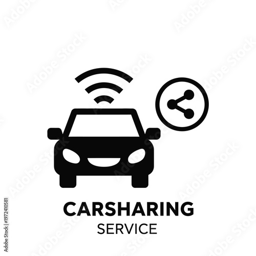 A black car icon with wireless signal waves and a share symbol represent carsharing service availability